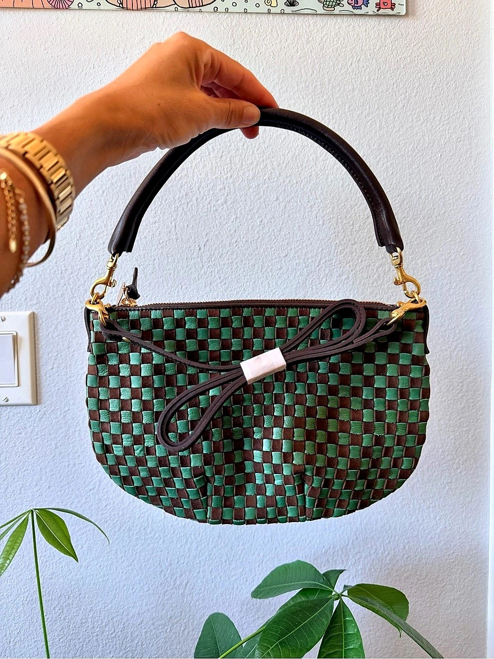 Clare V. Petit Moyen Woven Checkered in Green & Chocolate